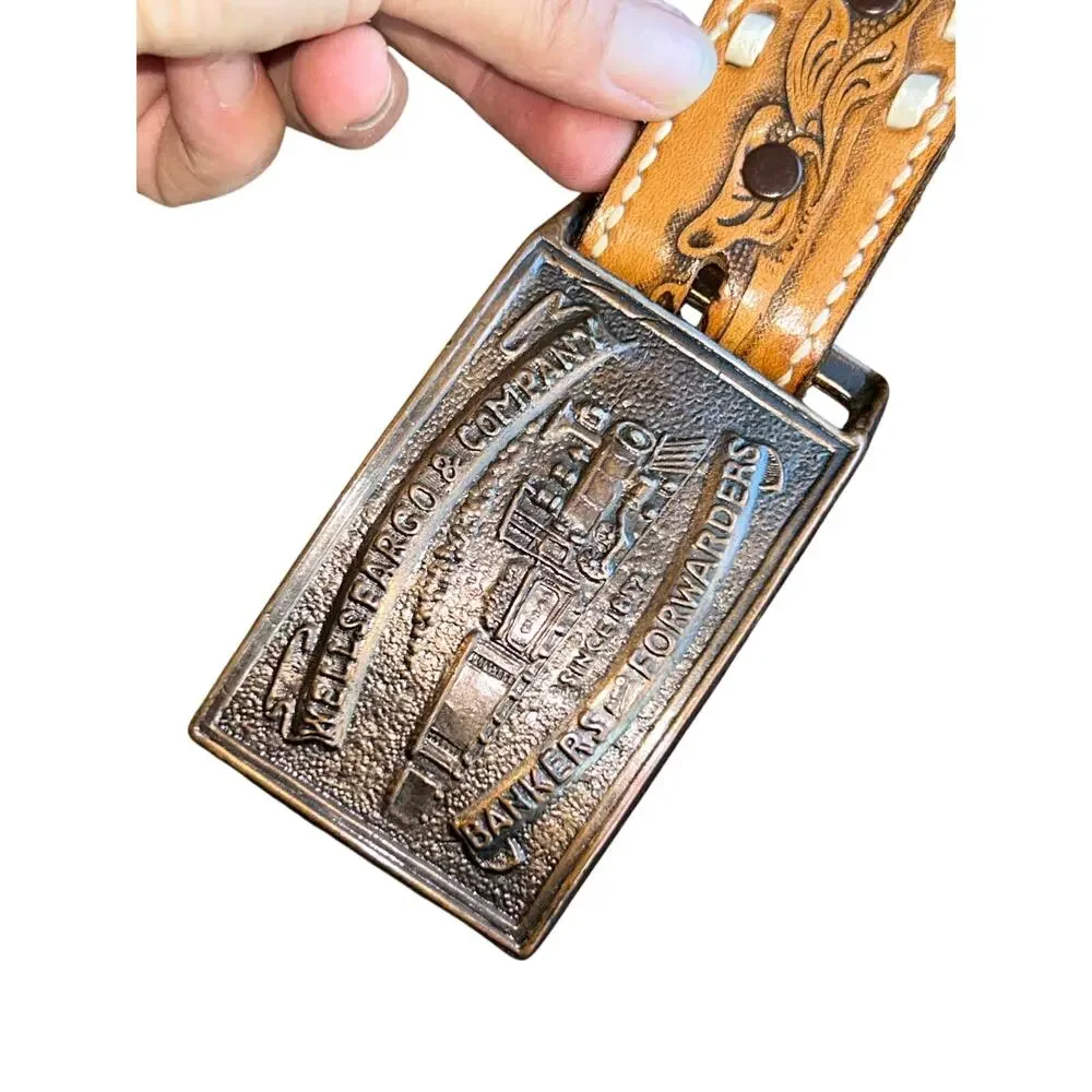Justin boots size 28 tool leather belt with vintage Wells Fargo buckle